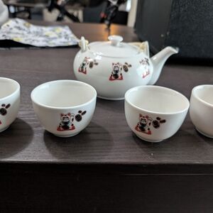 White Ceramic Tea Set with Cat Design